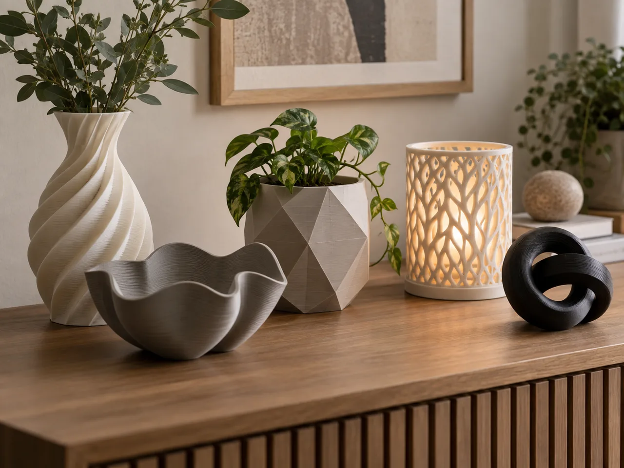 Objetos decorativos y macetas fabricados mediante impresión 3D