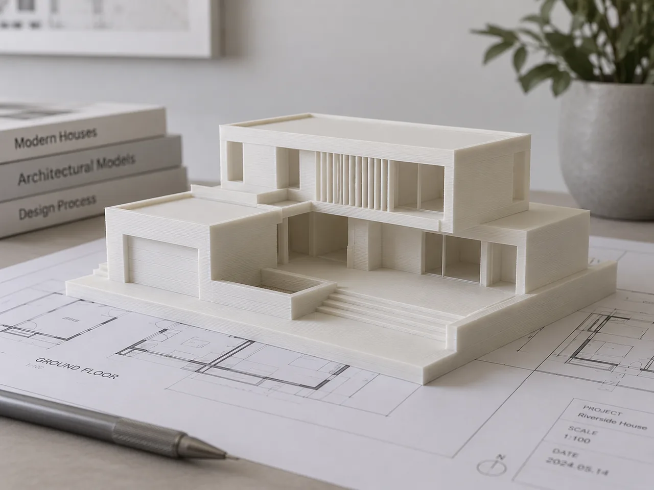 Maqueta arquitectónica fabricada mediante impresión 3D sobre planos