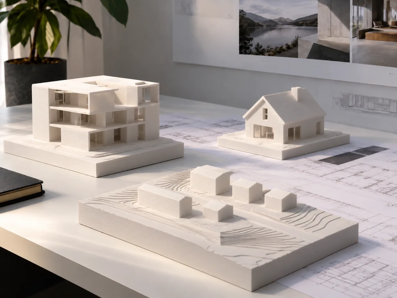 Modelos arquitectónicos impresos en 3D sobre planos de proyecto