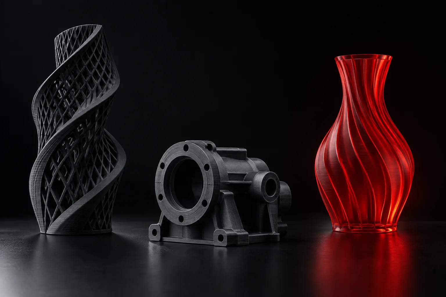 Tres objetos impresos en 3D: escultura, prototipo mecánico y florero rojo